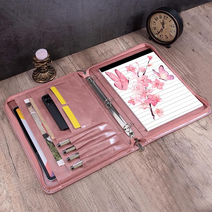 Rose Gold Padfolio,Vegan Leather Portfolio for Women,3-Ring Binder with Zipper, A4 Planner Binder with Laptop Pocket,Legal Size Portfolio,WorkBinder Organizer for Women and Girls