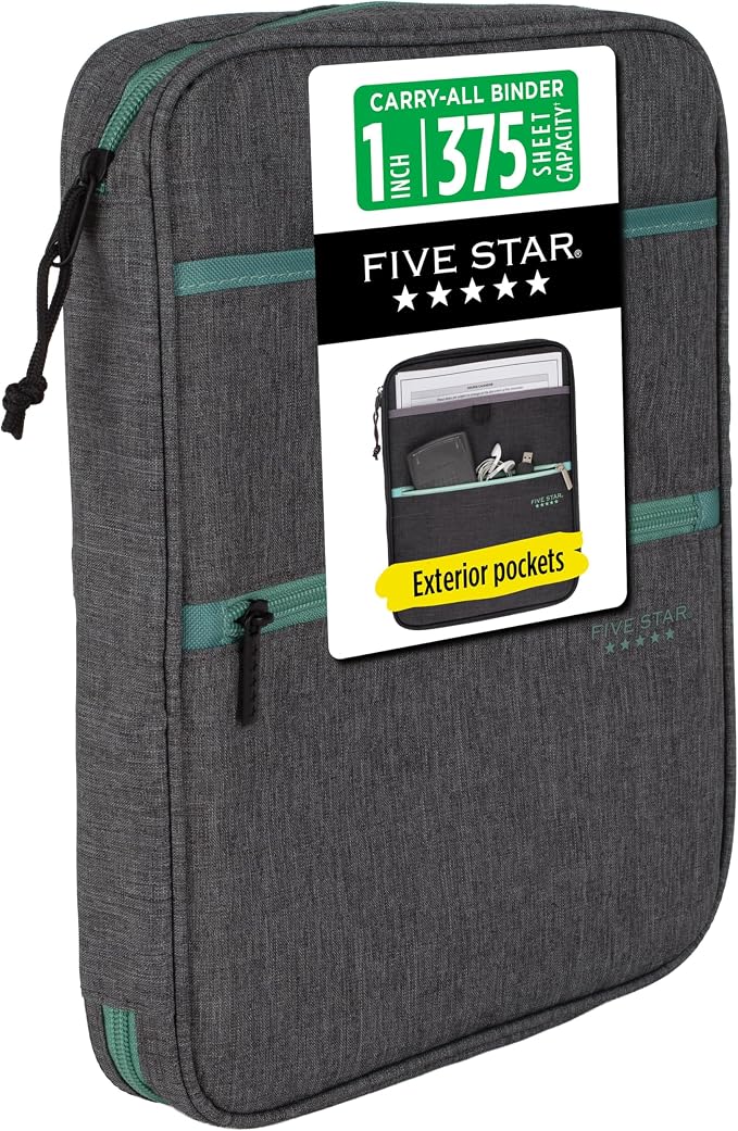 Five Star Zipper Binder, 1 Inch 3-Ring Binder with Round Rings, Carry-All with Pockets and 4-Tab Dividers, 375 Sheet Capacity, Grey/Seaglass (290920B)