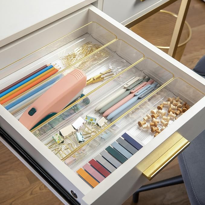 Martha Stewart Kerry Stackable Desk Drawer Organizers, Clear/Gold, 8-Pack | 9x3 in Organizers, Gold Trim, Stackable