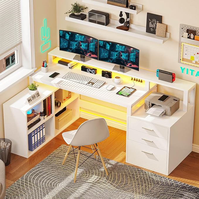 YITAHOME L Shaped Desk with 3 Drawers | 65" Corner Computer Desk with Power Outlets & LED Lights, L-Shaped Desk with File Cabinet & Printer Stand for Home Office