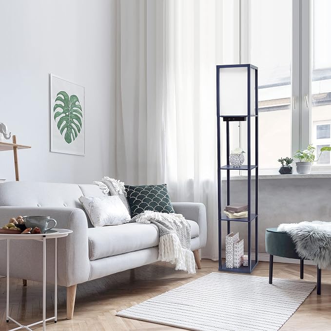 Simple Designs LF1037-NAV-LB Three Shelf Etagere Organizer Storage Floor Lamp with 2 Dual USB Ports and Charging Outlet, Navy Blue, with Feit LED Bulb Included