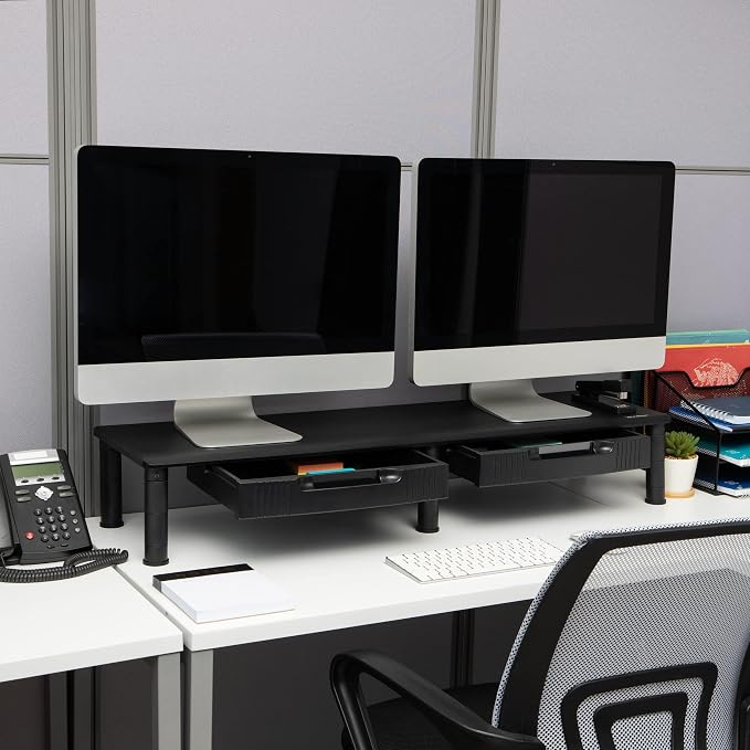 Mind Reader Dual Monitor Stand, Height Adjustable, Desktop Organizer, Laptop Riser, Office, 38.5"L x 11"W x 2.55-6.5"H, Black