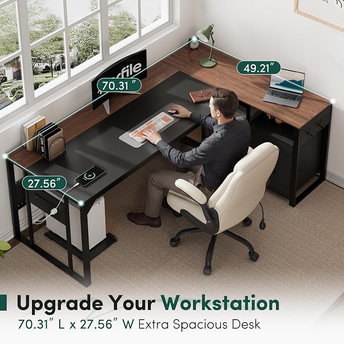 MALOL 70.3" Reversible L-Shaped Office Desk with Power Outlet Computer Desk | Large Executive Desk with Locked File Drawers & Storage Shelves, Pegboard, Mobile CPU Stand, Modern Corner Desk, Walnut