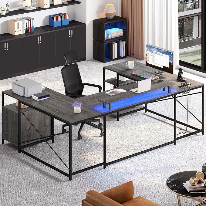 YITAHOME U Shaped Desk with Power Outlets & LED Lights, 79" Reversible L Shaped Desk with Drawers, Corner Computer Desk Office Desks with Monitor Stand & Storage Shelves, Grey