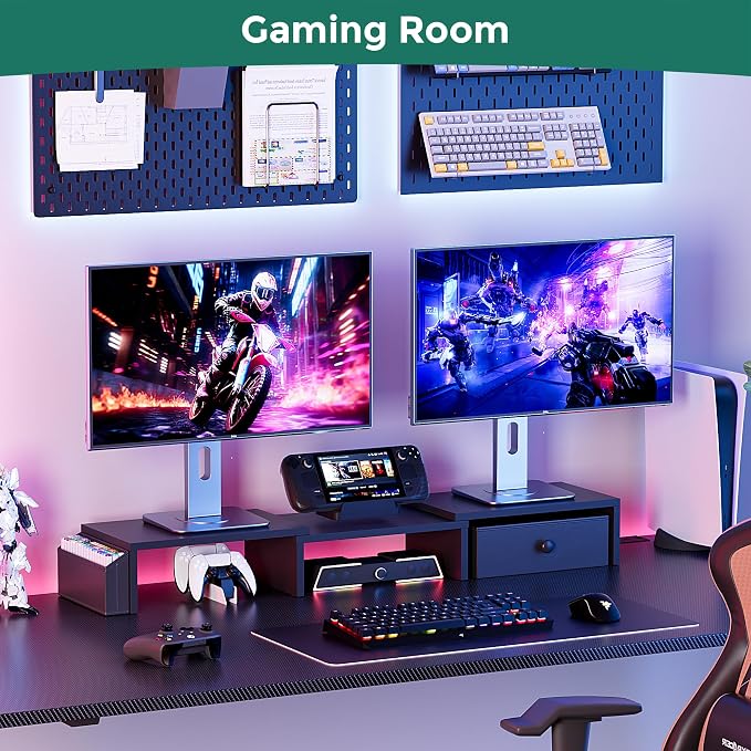 Dual Monitor Stand Riser, Adjustable Length & Swivel Angle Monitor Stand, Ergonomic Monitor Stand with Drawer & Side Pockets, Desktop Organizer and Office Desk Accessories, Black