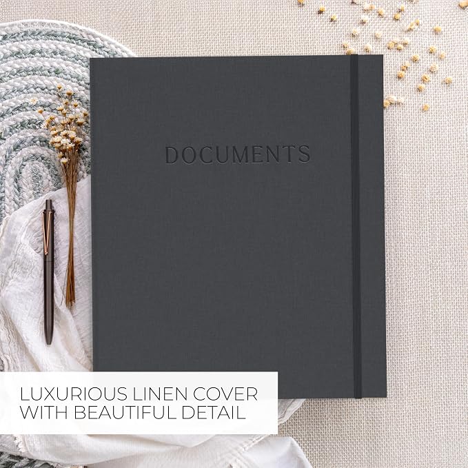 Important Document Organizer Set with Folders - Complete Linen Ring Binder | Safely Stores All Documents and Files in One Place - Easy to Use Expanding Storage with Envelopes, Pockets and Labels
