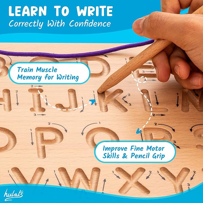 Hulats Learn to Write: Portable Wooden Alphabet Letter Tracing Sensory Pad Board - Toddler Writing Practice for Kids Age 3-5, Montessori Toys for 3+ Year Old, Letter Tracing for Kids 3-5 Writing Tools