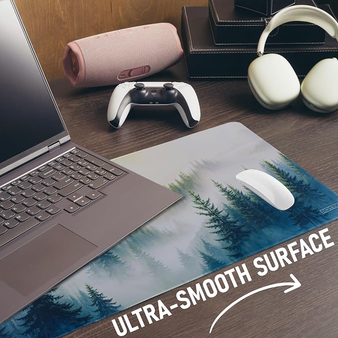 Extended Gaming Mouse Pad – Forest Desk Mat with Foggy Woodland Design – Large 31.5x11.8 in, Non-Slip Rubber Base, Water-Resistant, Stitched Edges