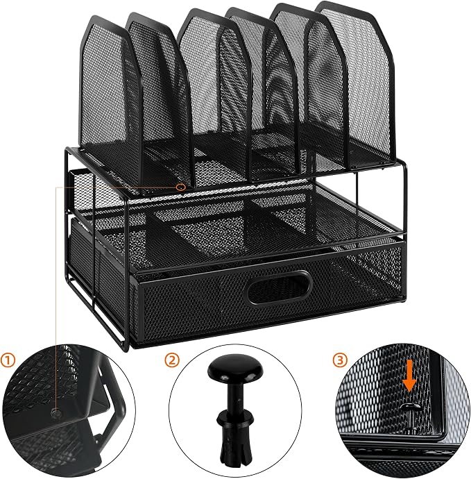 Amazon Basics Mesh Desk Organizer with Sliding Drawer, Double Tray and 5 Upright Sections, File Holder for Office Supplies, Paper Letter Tray, Black