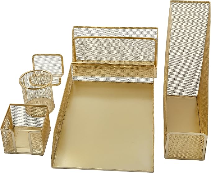 Martha Stewart Ryder 6-Piece Mesh Metal Desktop Organizer Set, Gold | Steel Mesh, Gold Finish