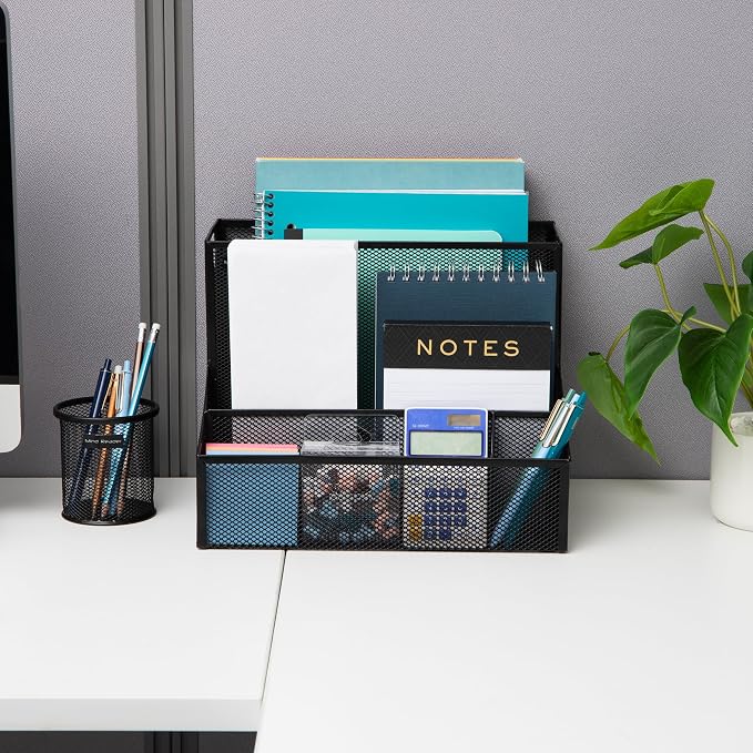 Mind Reader Desktop Organizer with Hanging File Storage, 4 Compartment Letter Size File Holder, Metal Mesh Desk Organizer for Office and Home, Black