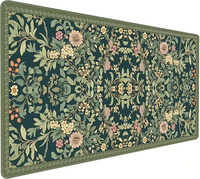 Cute Floral Aesthetic Dahlia Gaming Mouse Pad, Dark Green Rug Desk Mat with Anti-Slip Base & Stitched Edges, Office & Home Desk Decor for Women, 35.4" x 15.7" in Computer Desktop Mat