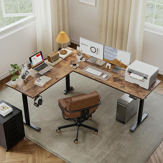 Agilestic 75 x 61 Inch L Shaped Electric Standing Desk, Rustic Brown | Corner Desk, Ample Workspace, Memory Presets, Hooks, Stable Steel Frame,176 lbs Capacity, Easy Assembly, Splice Board
