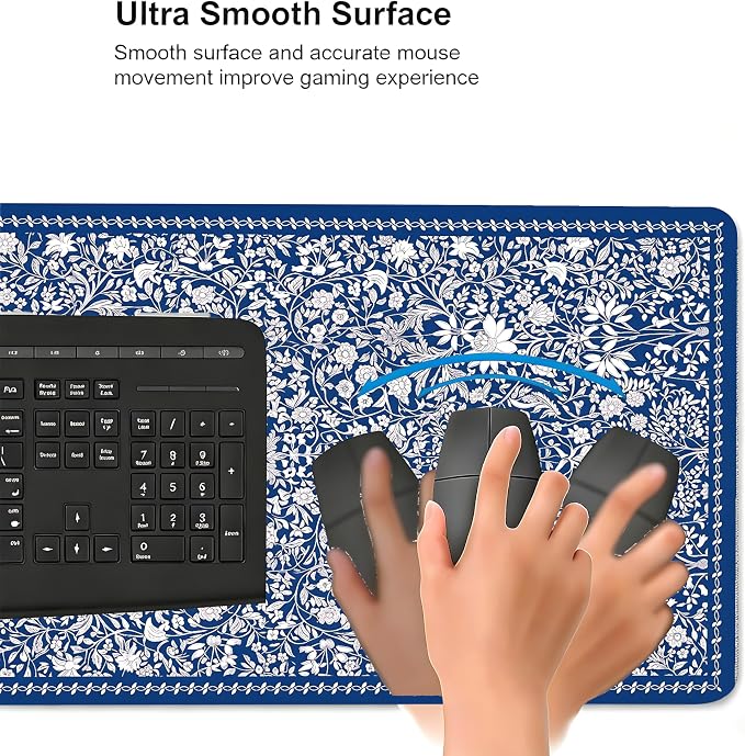 Cute Floral Aesthetic Daisy Gaming Mouse Pad, White Blue Chinoiserie Desk Mat with Anti-Slip Base & Stitched Edges, Office Supplies & Desk Decor for Women, 35.4" x 15.7" in Home Office Essentials