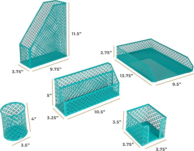 BLU MONACO | Dark Teal Desk Organizer Set | 5 Piece Metal Desk Accessories with Mail Sorter, Pen Cup, Sticky Note Holder, Magazine File, Paper Tray | Desk Organizers and Accessories