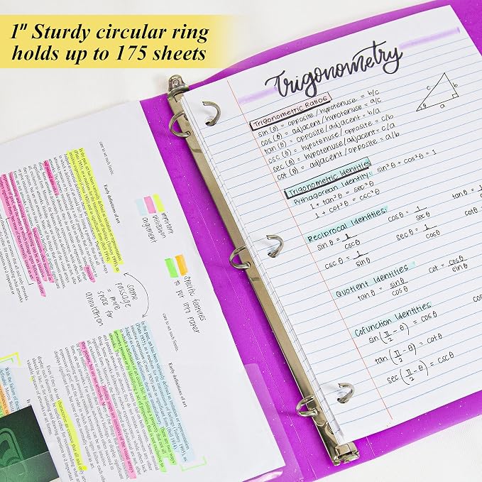 BAZIC 3 Ring Binder 1" Poly Binders Organizer - Glitter Color Soft Cover, Round Ring, Hold 175 Sheets Paper, 1 Unit, Random Color | 1 in glitter poly 3-ring binder; round rings; 1 inside pocket; holds up to 175 sheets; Durable poly