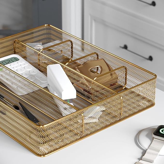Martha Stewart Ryder Mesh Metal 6-Compartment Drawer Organizer, Gold | Steel Mesh, Gold Finish