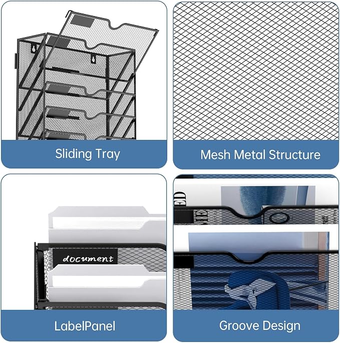 10 Tier Wall File Organizer Office Hanging Mail Holder Wall Mounted, Mesh Paper Document Organizer for Office Home School, Black | Wall Organizer and Wall Mounted File Holder with 10 Pockets and Label Panels for Files, Mail, Folders, Magazines and Paper