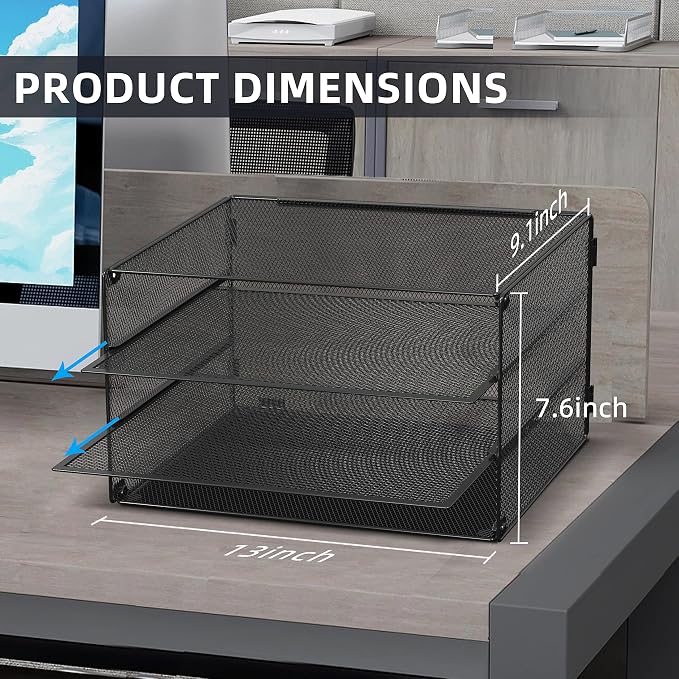 DALTACK 3 Tier Letter Tray Paper Organizer with Sliding Mesh Trays Black | Metal Mesh File Organizer with Sliding Trays for Letter and A4 Paper, Mail, Bills, Folders and Office Documents