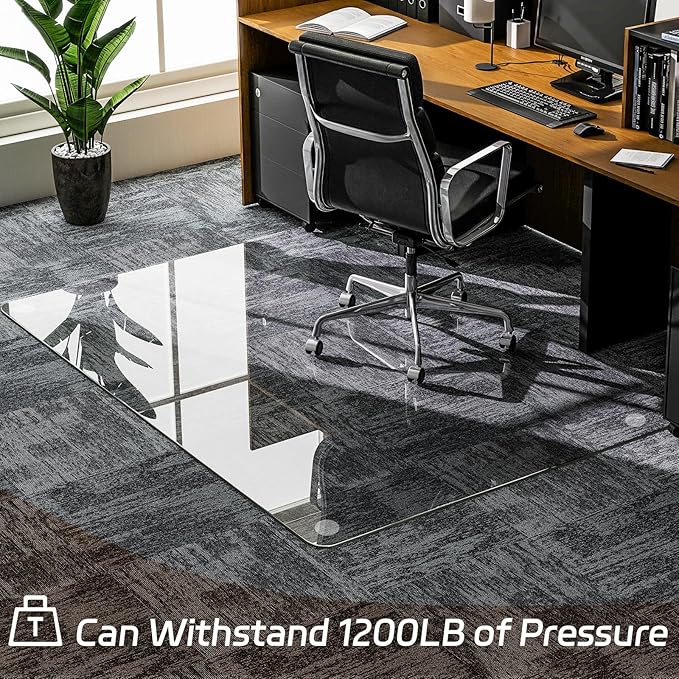 GLSLAND 36"x55" Tempered Glass Chair Mat Rectangle Heavy-Duty Floor Protector for Carpet & Hard Floors Scratch-Resistant Office Computer Desk Mat 1/5" Clear