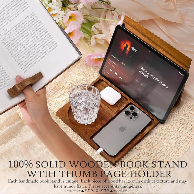 Book Holder Stand for Reading Rest Wooden Book Rest Book Nook Reading Valet | Foldable Desktop Triangle Bookstand with Book Page Holder, Cup, iPad & Phone Stand Bookshelf for Readers Bookworms Gifts