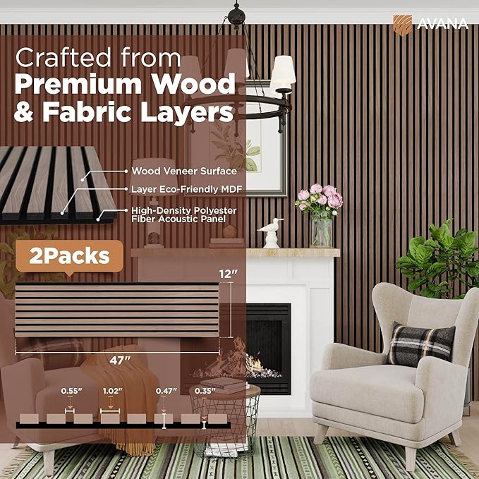 Avana Acoustic Wood Wall Panels – 47.2 X 12.6 Inch Walnut Acoustic Panels 2 PCs – Wall Panels For Interior Wall Decor for Homes, Offices, Studios – Modern Sturdy And Durable Wood Panels For Wall