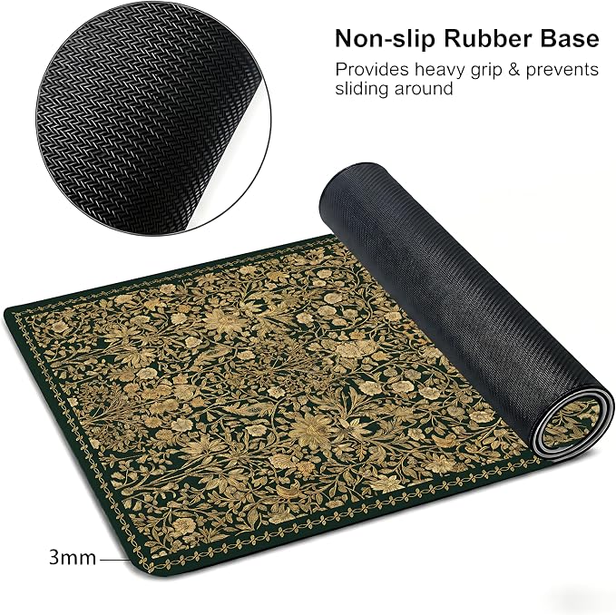 Cute Floral Aesthetic Daisy Gaming Mouse Pad, Green Glod Rug Desk Mat with Anti-Slip Base & Stitched Edges,35.4" x 15.7" in Desk Accessories for Women, Home Office Decor & Artistic Gift