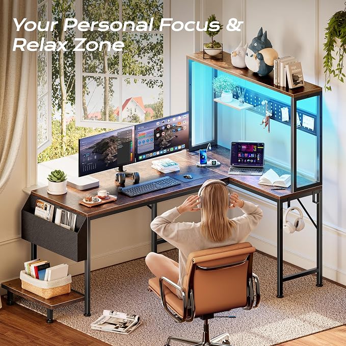 L Shaped Gaming Desk with LED Lights & Power Outlets | Reversible Computer Desk with Storage Shelves & Bag, Large Corner Home Office Desk for Work from Home, Rustic Brown