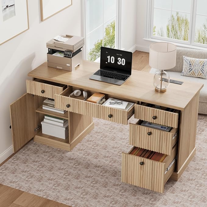 Garvee 60" Office Desk with Storage & Drawers for Home Office, Oak | Fluted Wood Executive Desk with File Drawer & Charging Station, Modern Computer Desk with Adjustable Shelves