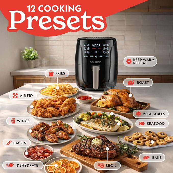 Gourmia Air Fryer - 6 Qt Large Capacity, FryForce 360º, Digital Display with 12 Presets, Roast, Bake, Broil, Dehydrate, Dishwasher Safe Accessories, Black