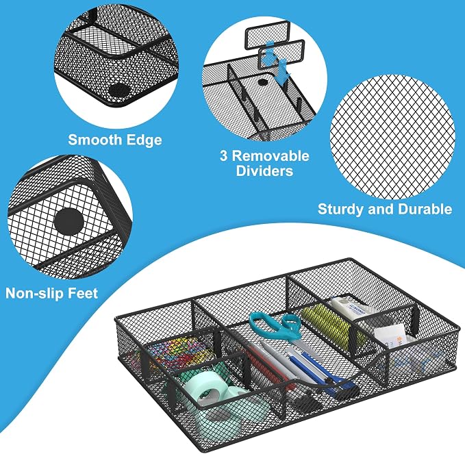 VyGrow Desk Drawer Organizer Tray, Metal Mesh Drawer Organizers Office, 6 Adjustable Compartment, Desk Organizer Tray for Home Office 12 x 8.26 x 1.96 inch, Black, 1 Pack