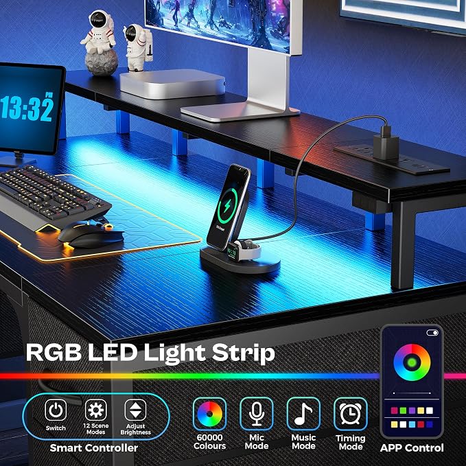 Huuger 63 inch Computer Desk with Power Outlets & 4 Drawers | Gaming Desk with LED Lights, Home Office Desk with Large Storage Space for Bedroom, Work from Home, Black