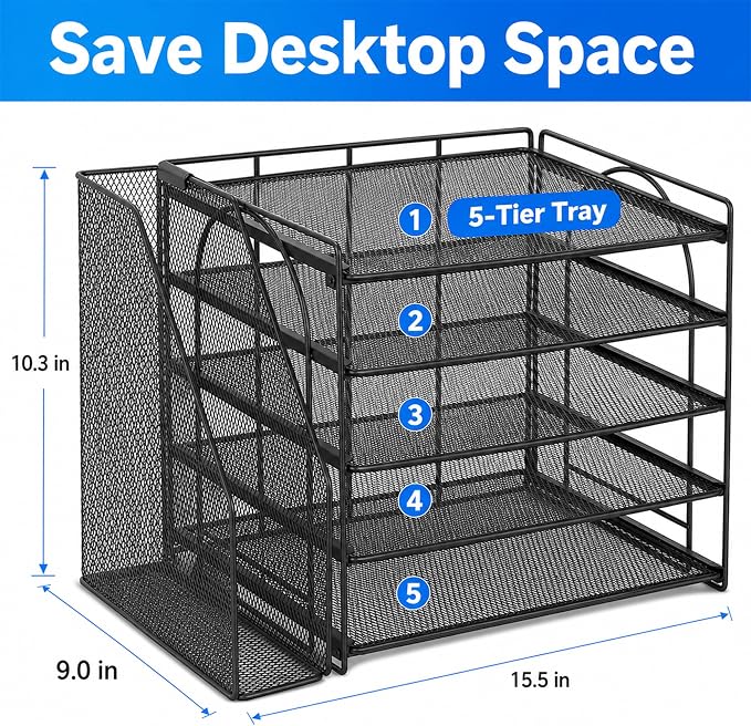 Desk Organizer, 5-Tier Paper Organizer Letter Tray, Black | Desk Organizers and Accessories, Office Desk Accessories & Workspace Organizers, Desktop File Organizer for Office Supplies