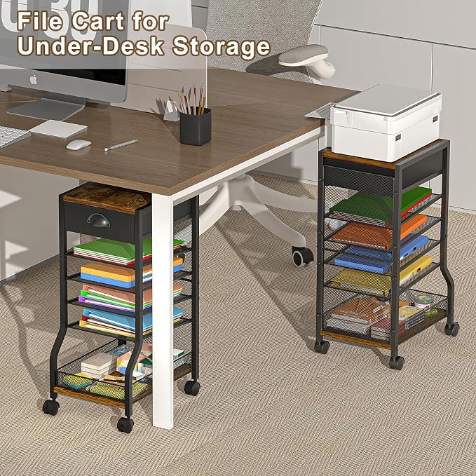 keomaisyto 6-Tier Rolling File Cart with Drawer, Under Desk Storage with Paper Letter Sliding Trays, Standing File Organizer with Wheels, Slim Workspace Organizers for Office/Home/School/Study