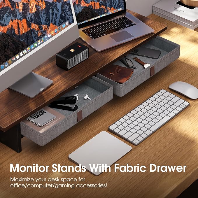 Fenge 35 Inch Monitor Stand with Drawer Storage, Computer Riser for Desk | Wooden Computer Shelf, 2 Tiers, for Dual Monitor/Laptop/PC/TV/Printer up to 55Lbs, Home Office Desk Organizer