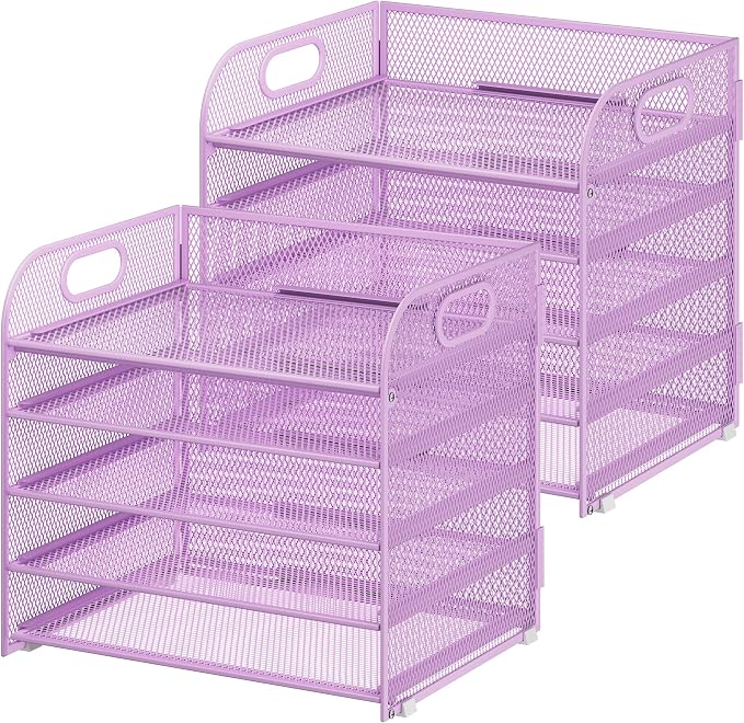Cawukege 2 Pack 5 Tier Paper Organizer, Letter Tray with Handle, Mesh Desk Organizer, Metal File Organizer, Office Desk Accessories for Home, Office, Classroom, School -Purple
