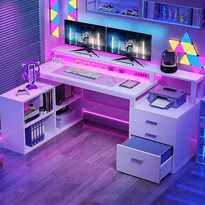 YITAHOME L Shaped Desk with 3 Drawers | 65" Corner Computer Desk with Power Outlets & LED Lights, L-Shaped Desk with File Cabinet & Printer Stand for Home Office