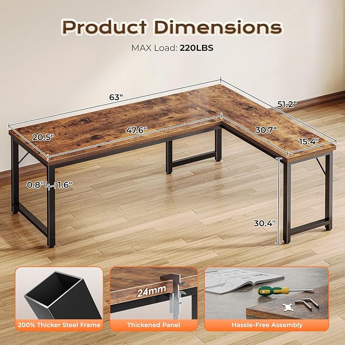 Huuger 63 Inch L Shaped Desk with 0.95 Inch Thicker Desktop | Reversible Computer Desk, Larger Corner Office Gaming Desk, Robust Metal Frame, for Home Office, Study, Rustic Brown