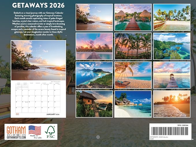 Vacation Calendar 2026 Tropical Getaways Spots Monthly Wall Calender 12 Month | American Made In The USA