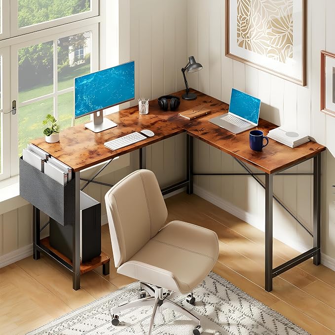Alpen Corner Desk, 50 Inch L Shaped Gaming Desk with Storage Pocket and CPU Stand, Work Desk for Home Office, Small Corner Study Writing Table with Sturdy Metal Frame, Rustic Brown