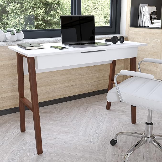Flash Furniture Computer Desk with Drawer, 42", White/Walnut | Home Office, Writing Desk, Storage Drawer, Bedroom Desk