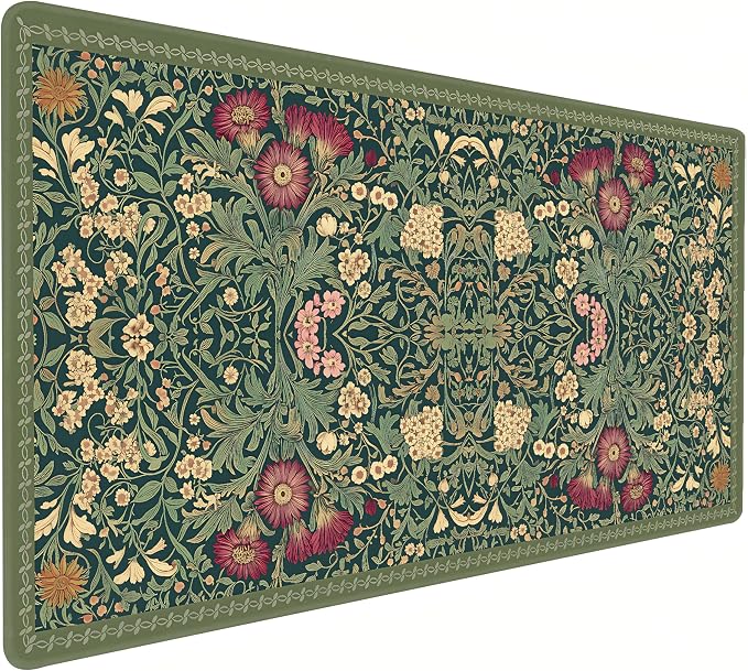 Cute Floral Aesthetic Daisy Gaming Mouse Pad, Dark Green Rug Desk Mat with Anti-Slip Base & Stitched Edges, Computer Keyboard & Laptop Pad, 35.4" x 15.7" in in Workstation Accessories