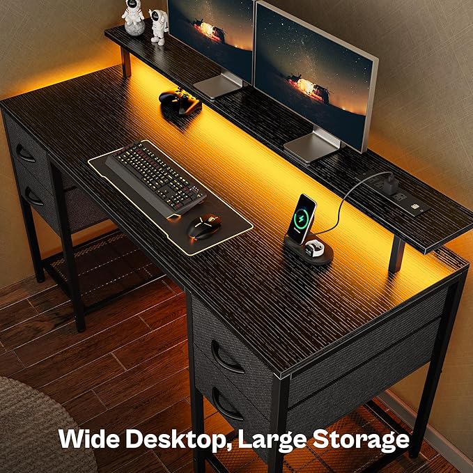 Huuger 55 inch Computer Desk with Power Outlets & 4 Drawers | Gaming Desk with LED Lights, Home Office Desk with Large Storage Space for Bedroom, Work from Home, Black