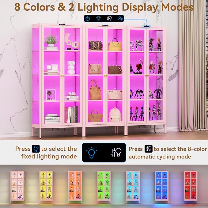 Polup 66" Pink Glass Display Cabinet with 8-Color LED for Collectibles | Metal Frame & Tempered Glass Doors, Motion Sensor LED, 4-Tier Space, 3 Adjustable Shelves, for Indoor Plants & Figures