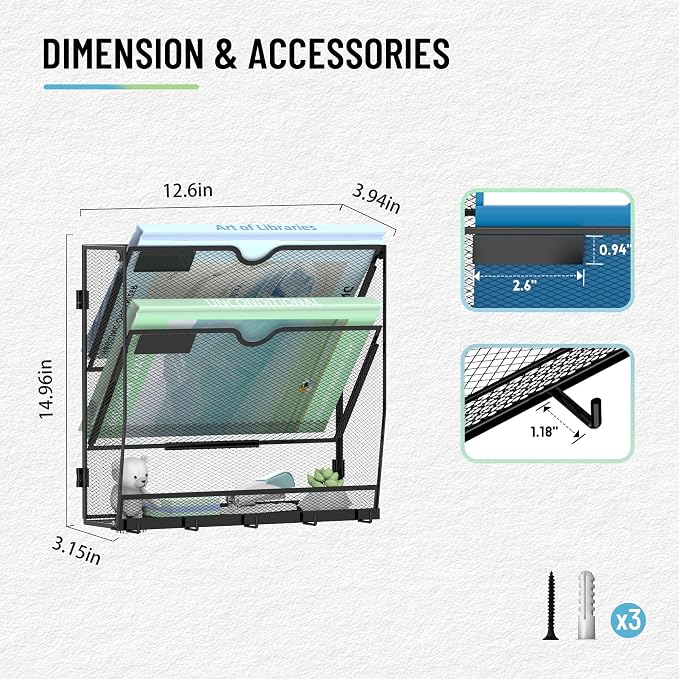 3-Tier Wall File Organizer with 5 Hooks, Wall Mounted Mail Organizer | File Holder Organizer, Metal Mesh Office Wall Organizer for Home, School & Classroom