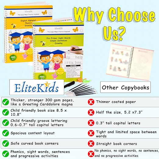Reusable Handwriting Practice Workbook Set for Kids – Grooved Tracing Books for Letters, Numbers & Sight Words, Large Format 8.5 x 11 Inch Learning Activity Books