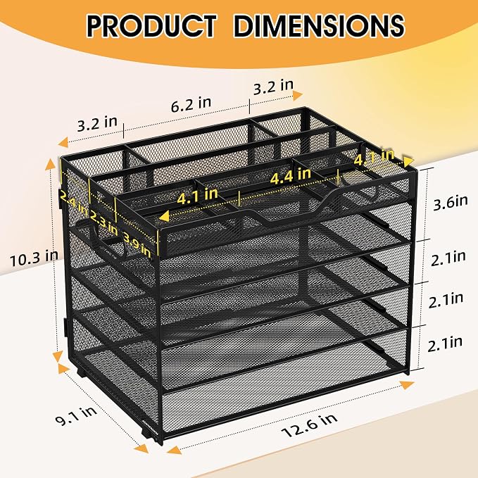 5 Tier Paper Letter Tray Desk Organizer with Pen Holders - Black | Features 3 pen holders and 4 removable dividers.Versatile mesh desktop storage for mail, document,office supplie
