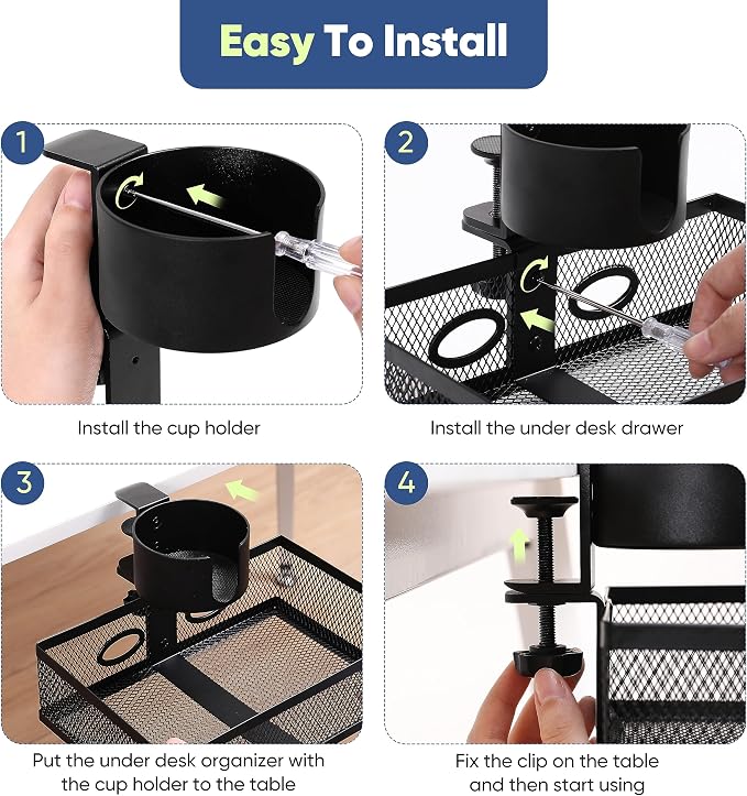 360 Rotating Under Desk Drawer Organizer with Cup Holder Clamp On Desk Drawer No Drilling Swivel Desk Tray Anti-Slip Small Pencil Drawer Under Desk Storage Easy Install for Home Office