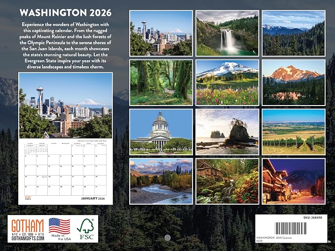 Washington State Calendar 2026 Wall 12 Month Monthly WA Scenic Souvenirs Washingtonian Themed Gifts | American Made In The USA