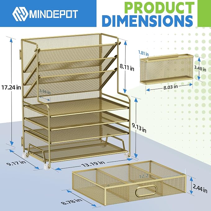 MINDEPOT 4-Tier Paper Organizer + 3-Pocket File Holder + Drawer + Pen Holders, Desktop File Organizers Paper Tray for Office Supplies School Classroom Organization (Gold, with Drawer & Pen Holder)